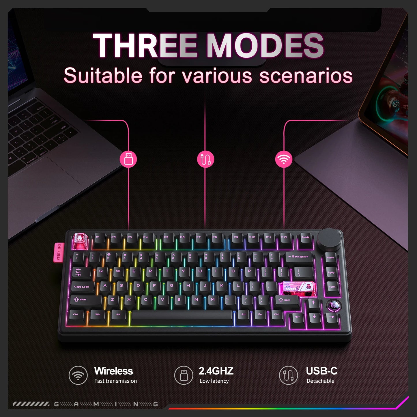 Onikuma 2025 New Mt706 Rgb Gaming Mechanical Keyboard 2.4g/ Wired/Bt, 81-Key Pbt Rgb Gaming Keyboard
