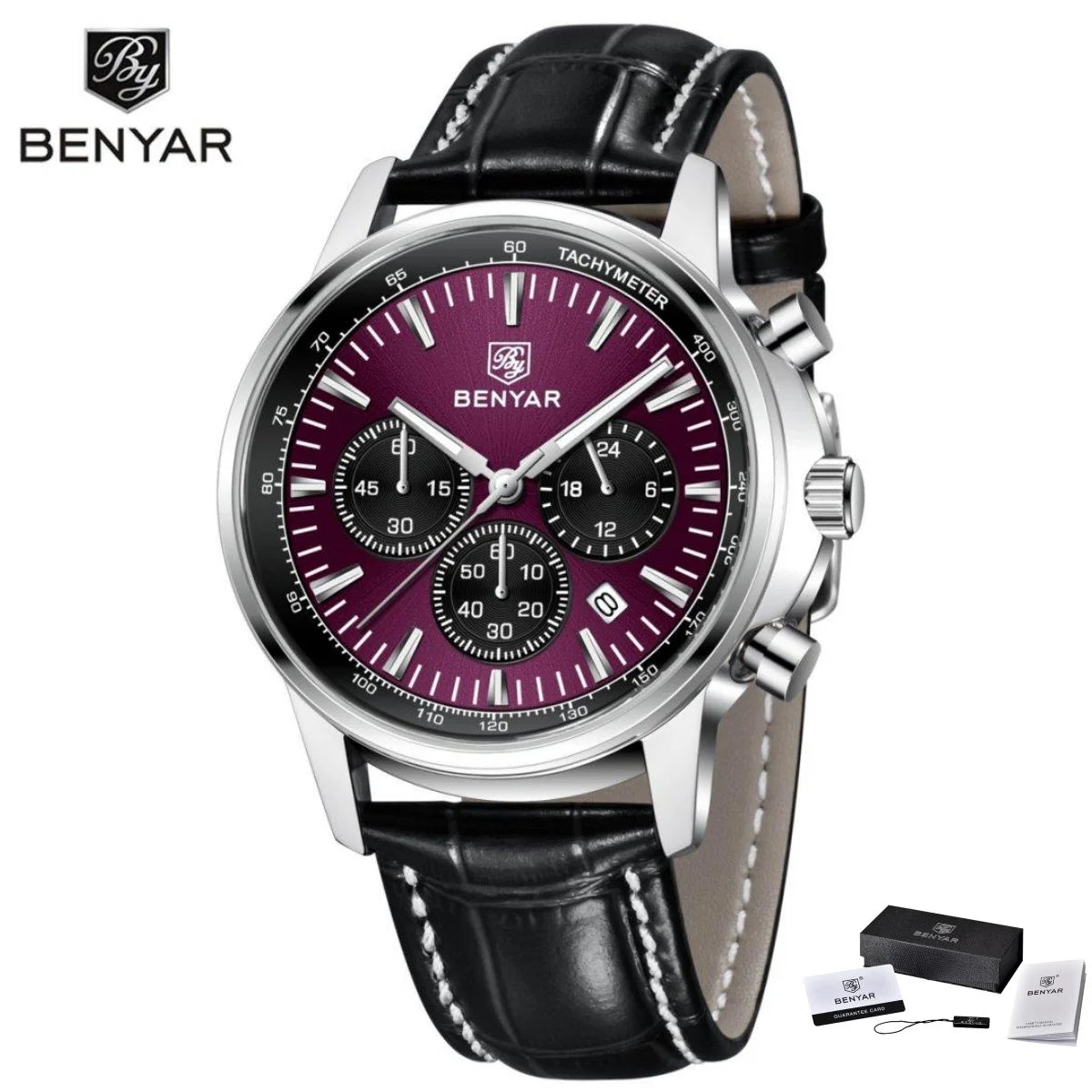 Benyar luxury men’s watch – Chronograph with date, leather strap, water-resistant, luminescent, sporty and military style, quartz watch