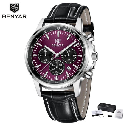 Benyar luxury men’s watch – Chronograph with date, leather strap, water-resistant, luminescent, sporty and military style, quartz watch
