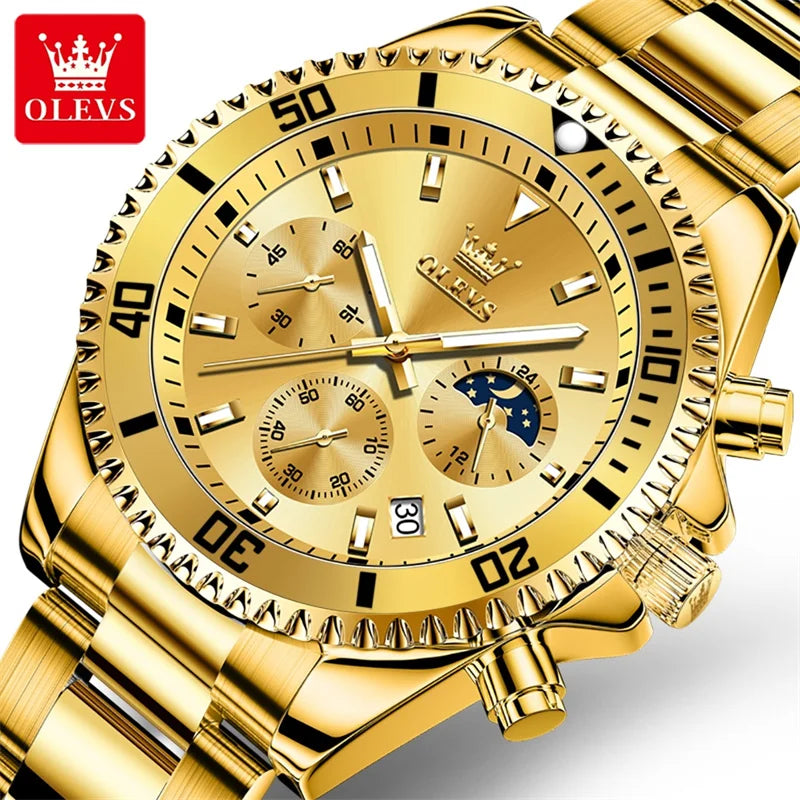 OLEVS men’s watch, luxury brand, gold-coloured military-style quartz watch, water-resistant, luminous date display, stainless steel case.