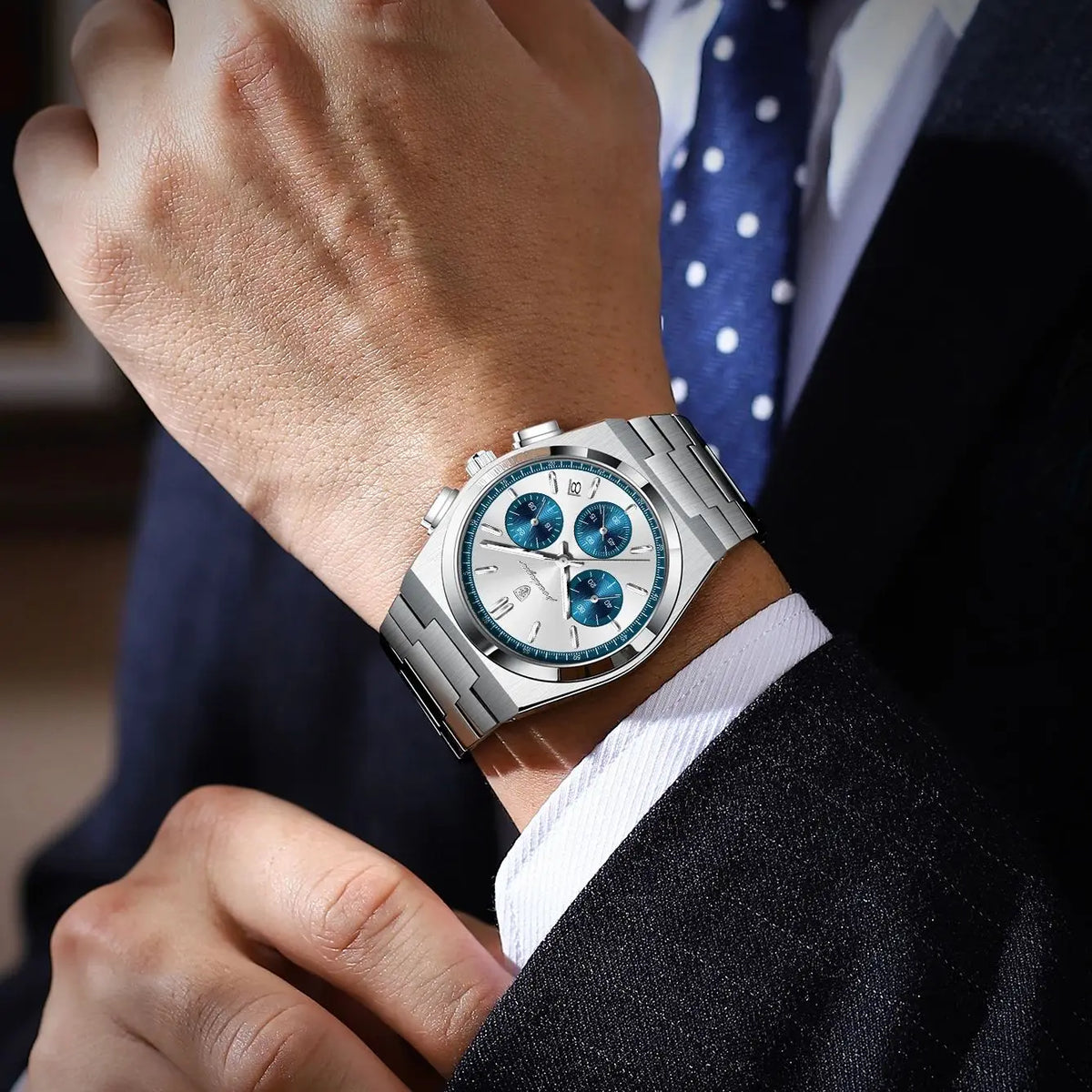 POEDAGAR Men’s Watch – Luxury stainless steel chronograph, with date, water-resistant and luminescent – Sporty quartz wristwatch