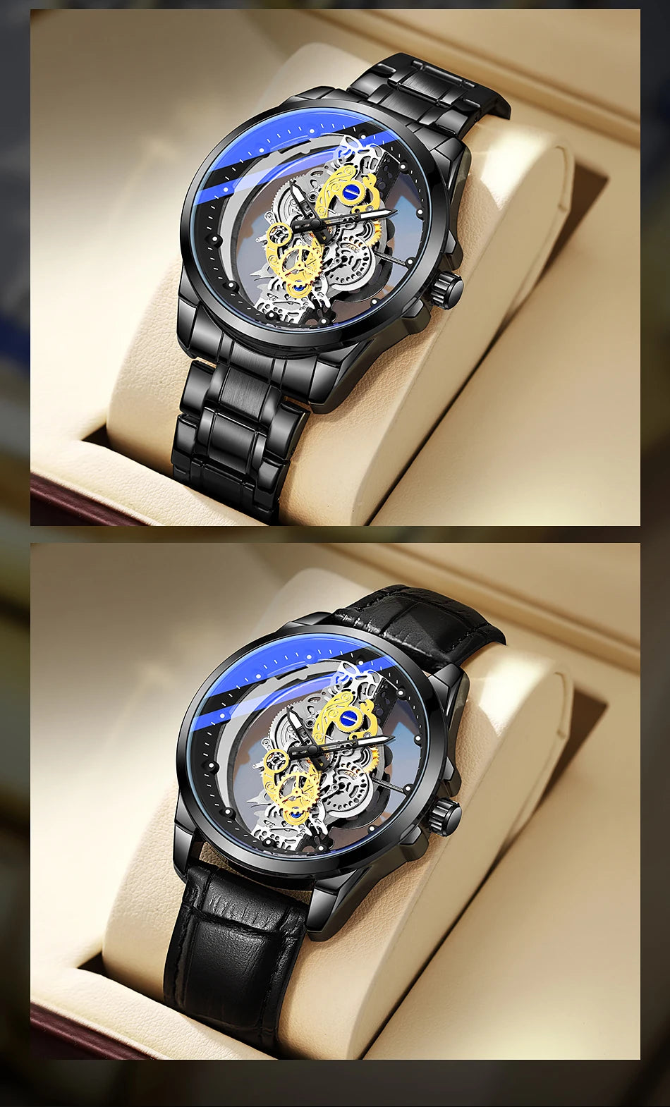 TPW men’s wristwatch – Trendy style, ‘skeleton’ model (black, gold or blue), quartz movement (non-automatic), luxury accessory, collection – Wholesale