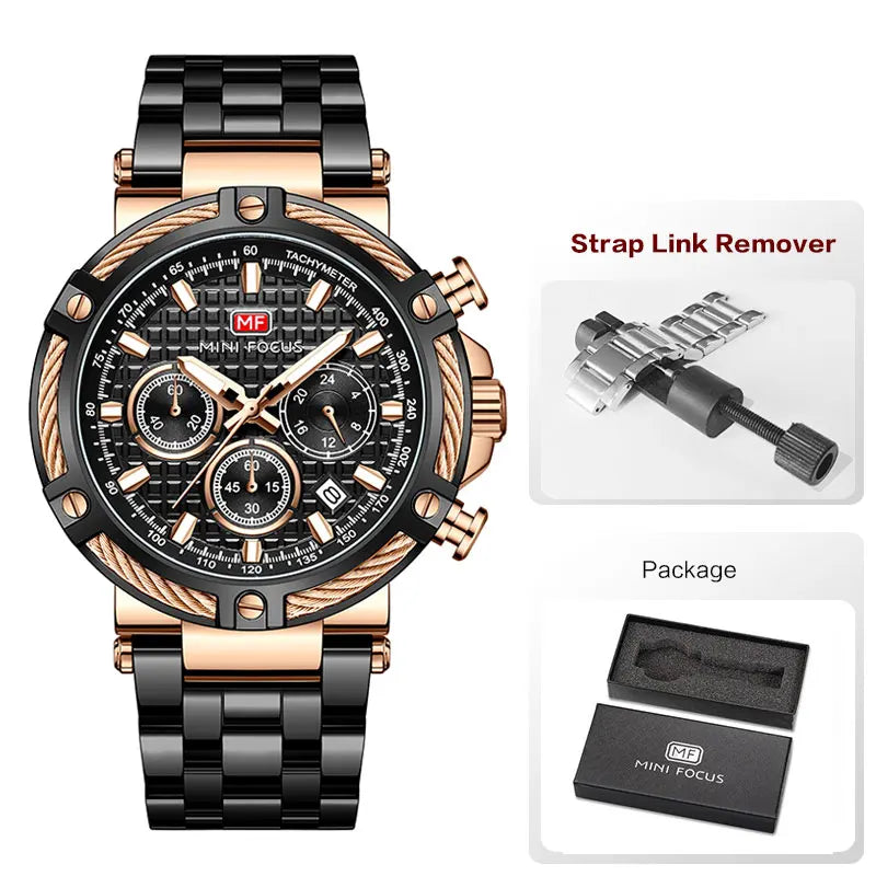 MINI FOCUS Black Stainless Steel Quartz Watch Men Fashion Luminous Dress Wristwatch with Date 24-hour Display Chronograph 0470
