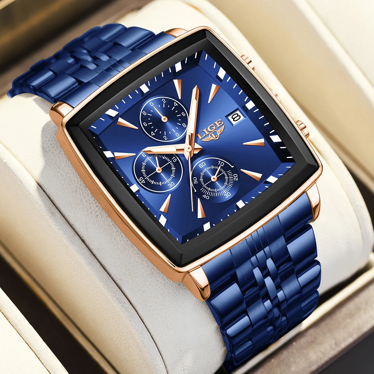 LIGE luxury men’s watches, square model, classic and trendy style, stainless steel, water-resistant, sporty and casual, with quartz movement.