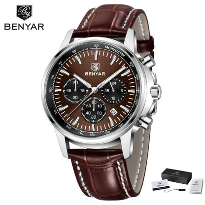 Benyar luxury men’s watch – Chronograph with date, leather strap, water-resistant, luminescent, sporty and military style, quartz watch