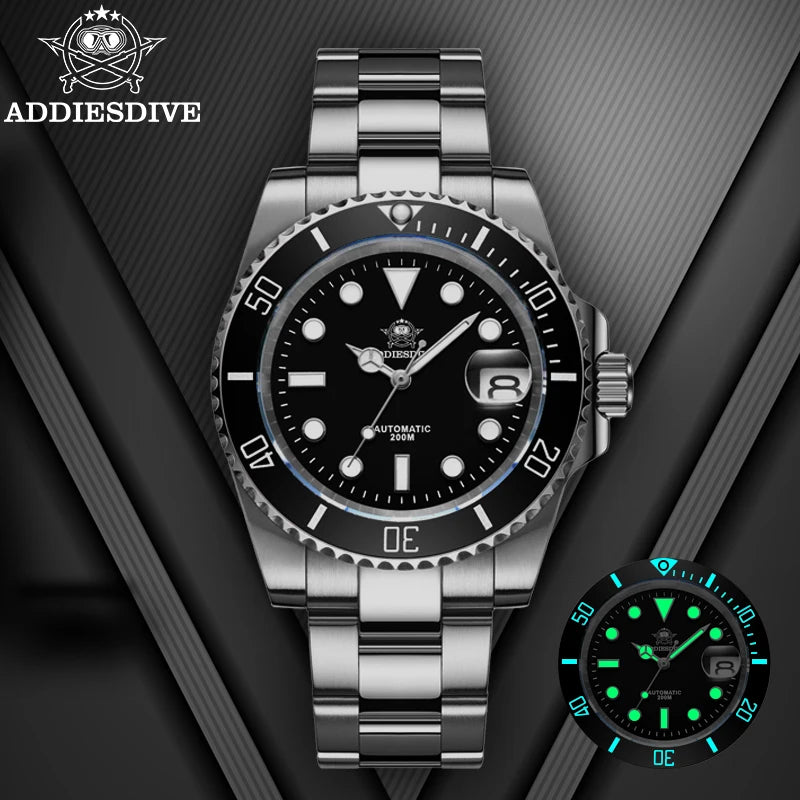 Relógio automático de luxo para homem ADDIESDIVE 8215, relógio mecânico luminoso BGW9 com vidro de safira, relógio de mergulho analógico para homem AD2503