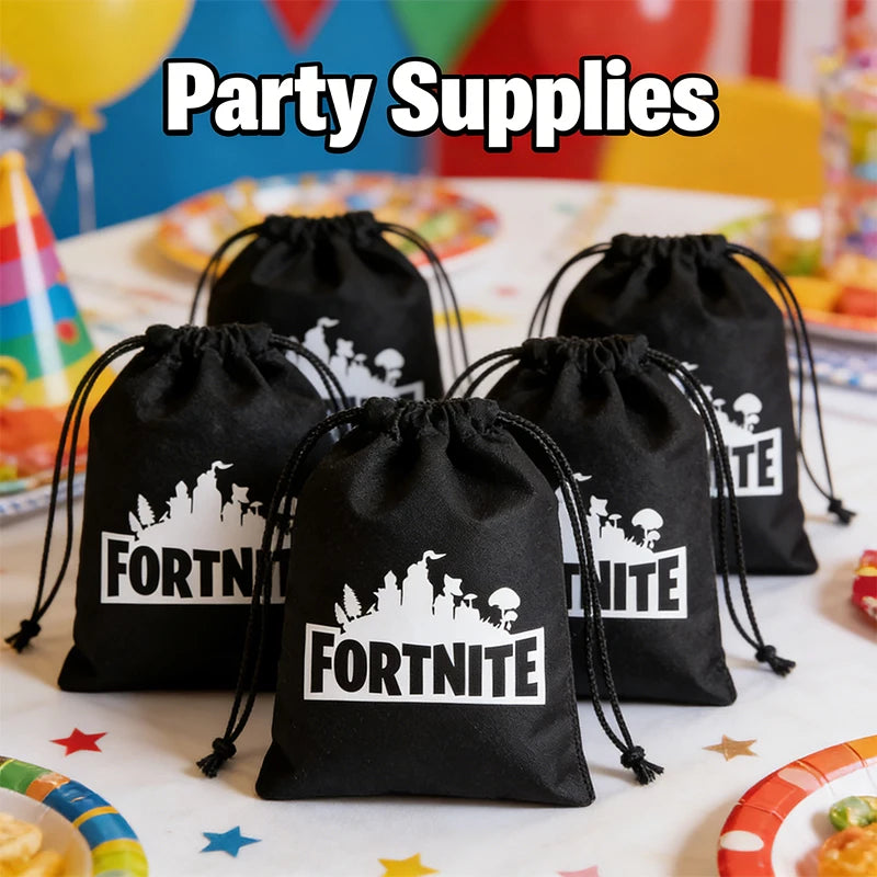 Fortnight Themed Series Black/Silver Small Drawstring Bag Portable Storage Cartoon Pocket Gifts for Birthday Party Arrangements