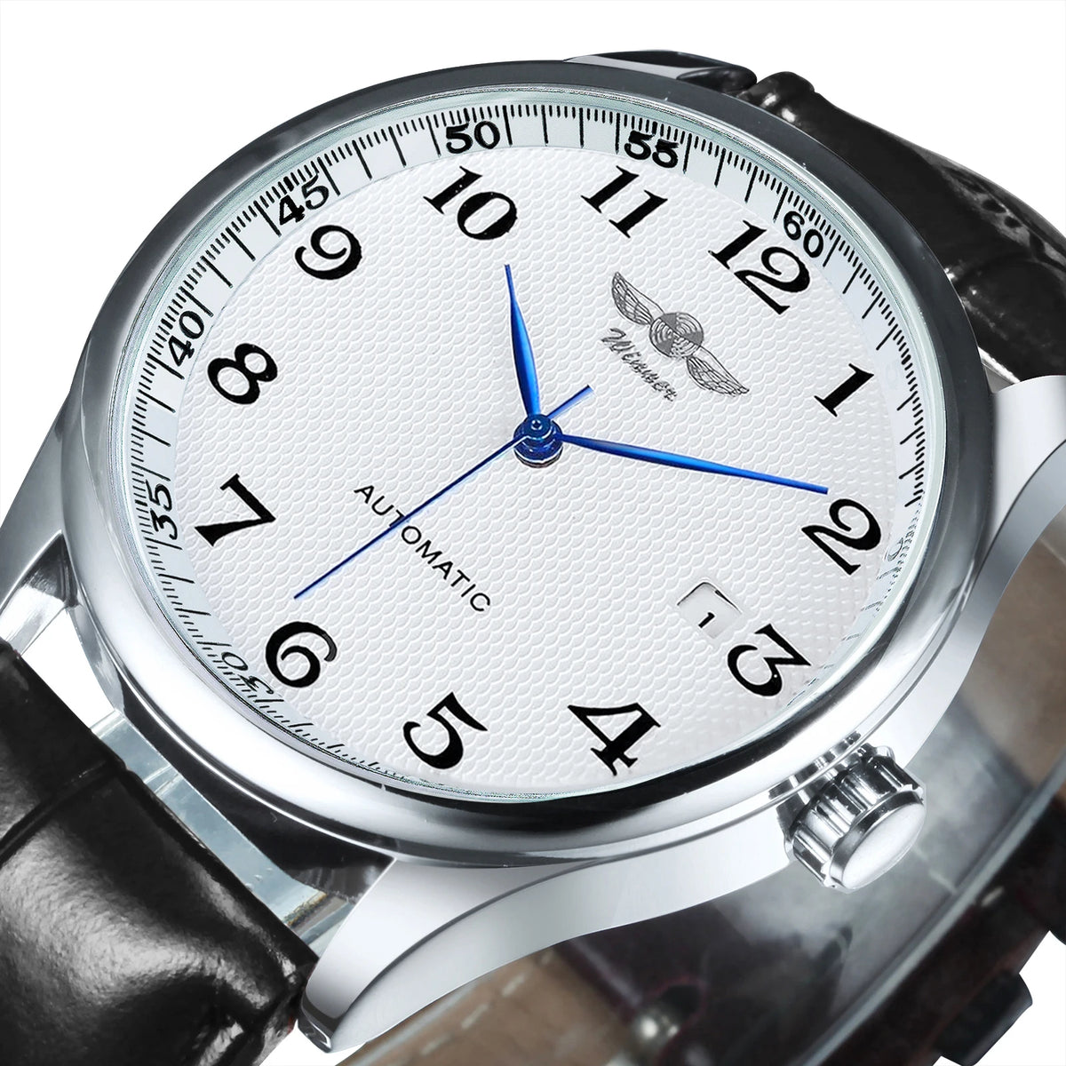 Classic men’s watch – Retro style with date display and blue hands, automatic mechanical movement, prestigious brand, steel case and leather strap