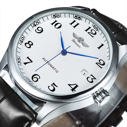 Classic men’s watch – Retro style with date display and blue hands, automatic mechanical movement, prestigious brand, steel case and leather strap