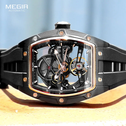 MEGIR Automatic Wristwatch Men's Fashion Black Silicone Strap Waterproof Luminous Sport Mechanical Watch with Tonneau Dial 2242