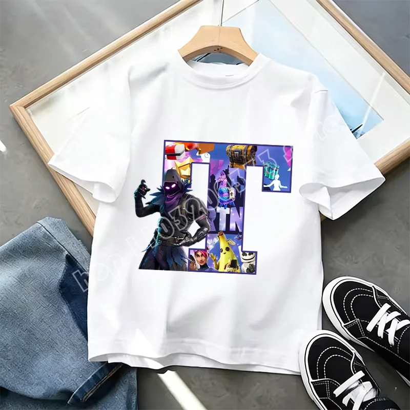 Fortnite A-Z Alphabet Print T-Shirt Summer Kids White Clothing Popular Cartoon Game T-Shirt Fashion Casual Short Sleeve Top Gift