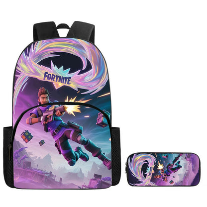 Mochila Fortnite Cartoon com Bolso Frontal e Estojo 2PCS - Conjunto Escolar para Meninos e Meninas dos 5 aos 8 Anos, Presente de Regresso às Aulas