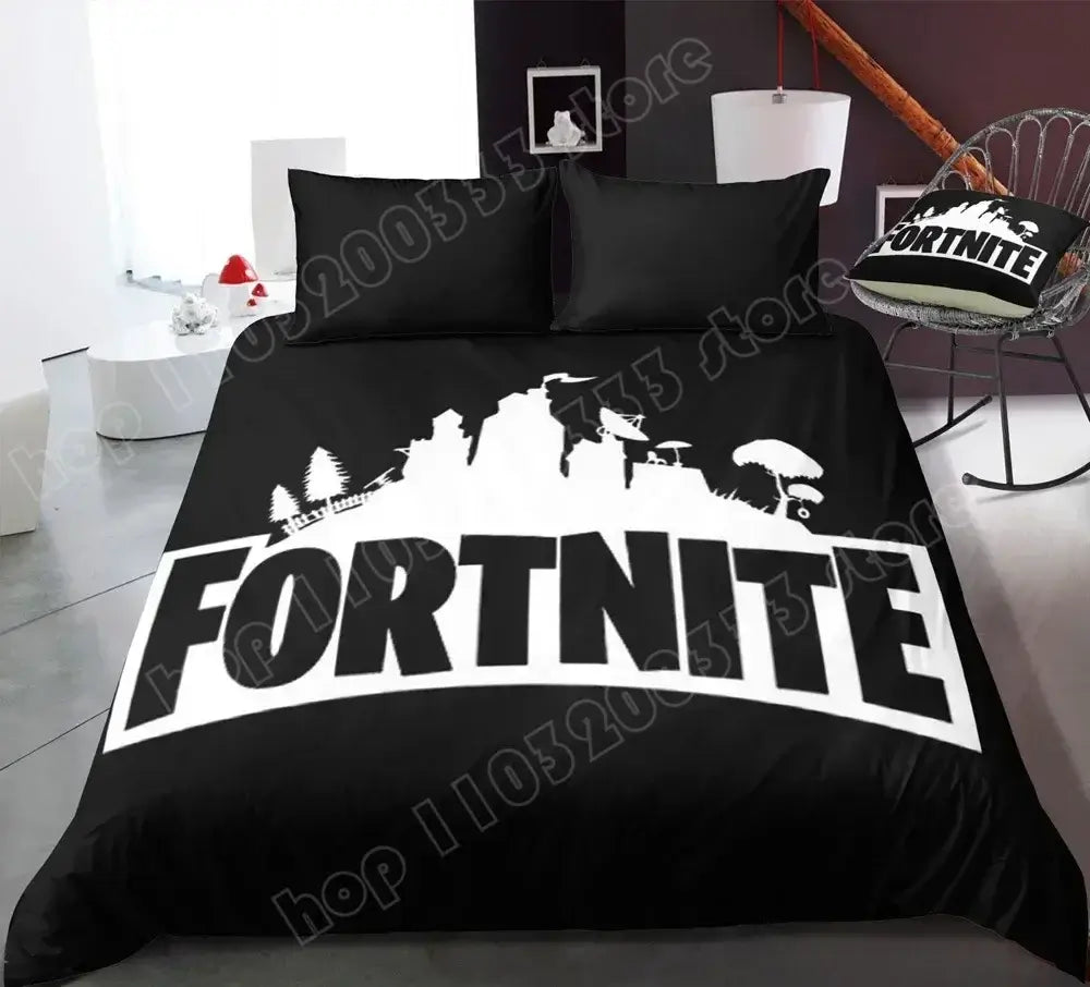 Спален комплект Fortnite с плик за завивка, 3 части, 3D принт, спално бельо за спалня, игра, аниме, анимационна калъфка за възглавница, декорация за стая, подаръци