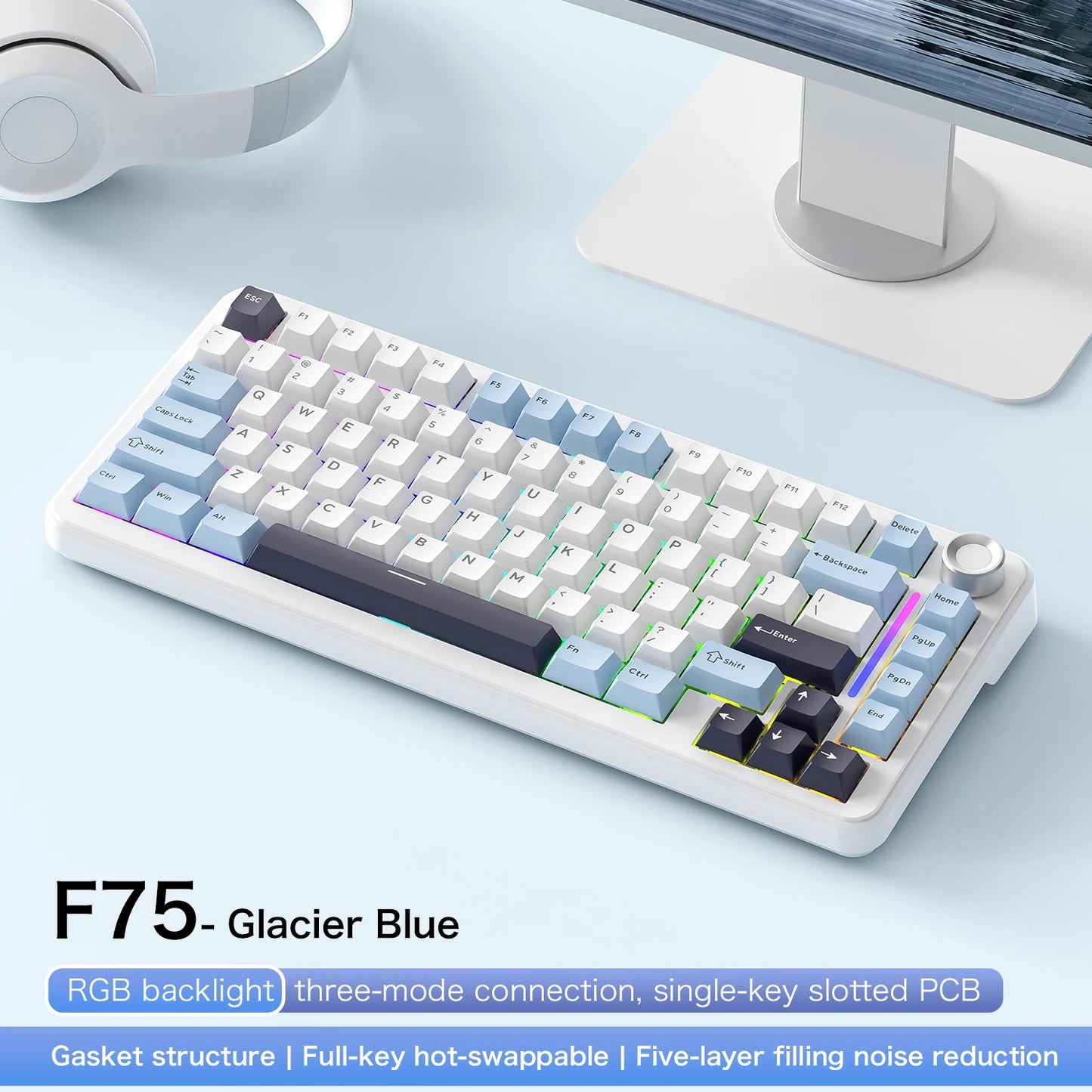 F75 Mechanische Tastatur FREEWOLF * AULA F75 Bluetooth-Tastatur mit drei Verbindungsmodi, speziell für Gaming und Büro entwickelt