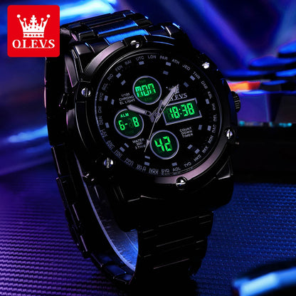 OLEVS Men’s Watch – Water-resistant stainless steel quartz wristwatch with LED display – Sporty and trendy style (model 1106)