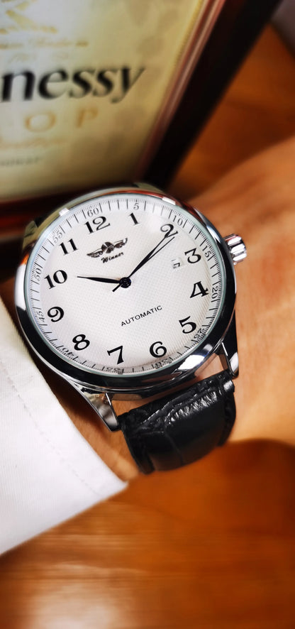 Classic men’s watch – Retro style with date display and blue hands, automatic mechanical movement, prestigious brand, steel case and leather strap