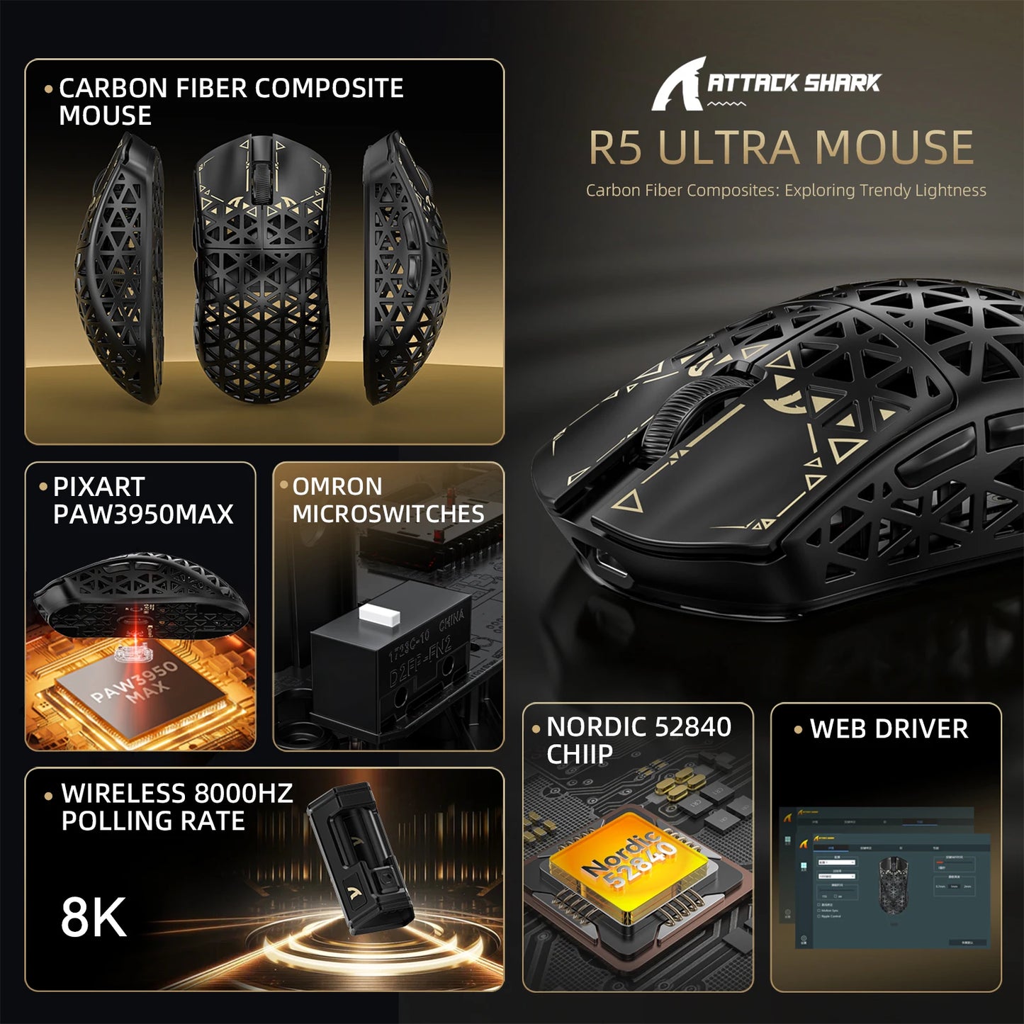 ATTACK SHARK R5 Ultra Carbon Fiber brezžična gaming miška, gaming senzor PixArt PAW3950MAX, 42000DPI, 8000Hz, MCU Nordic 52840