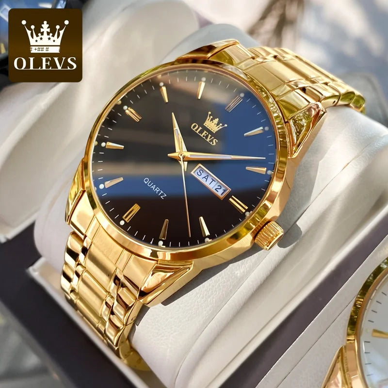 OLEVS Men’s Watch – Stainless steel quartz wristwatch, water-resistant, gold-coloured, elegant and luminous, a luxury accessory for men