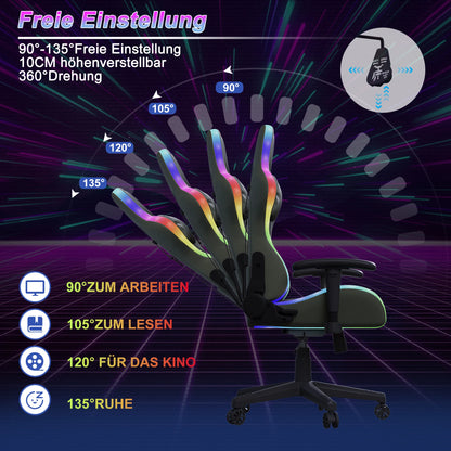 Rosahqnda Gaming Chair with Massage Function, Adjustable Office Chair, Gamer Chair with LED, Lumbar Cushion, Pillow, 150 KG