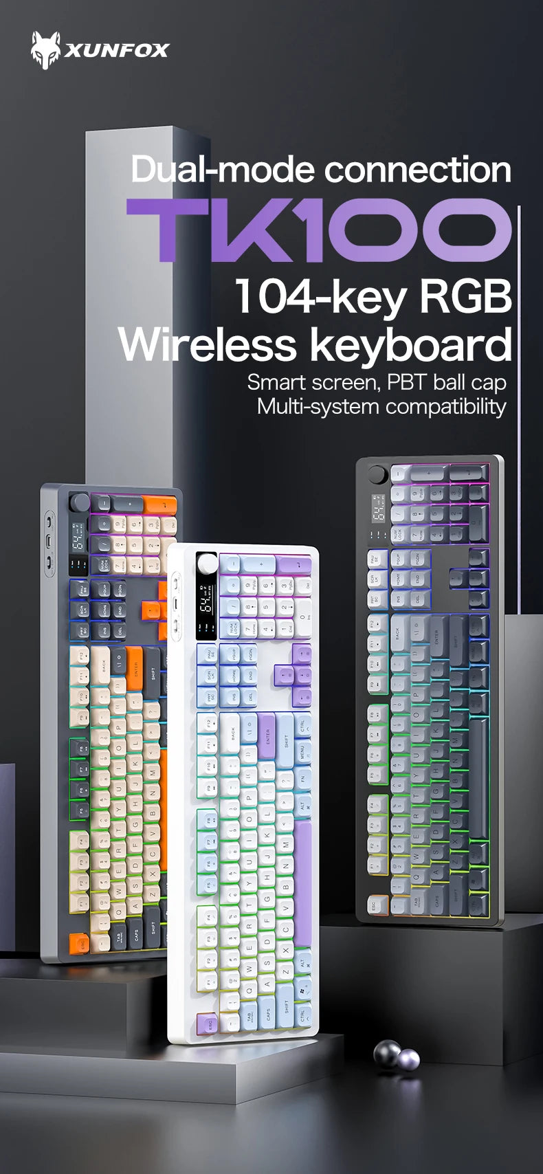 XUNFOX TK100 tastiera wireless 2.4 Bluetooth dual-mode gaming silenziosa per ufficio e notebook, universale
