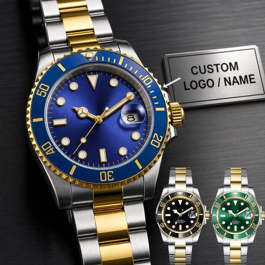 Custom logo NH35 MIYOTA 8215 Automatic Men Watch Luxury Diver Two Tone Gold 316L Stainless Steel Sapphire 10ATM Sterile Sunburs