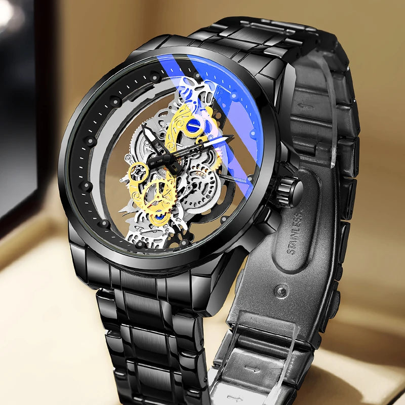 TPW men’s wristwatch – Trendy style, ‘skeleton’ model (black, gold or blue), quartz movement (non-automatic), luxury accessory, collection – Wholesale