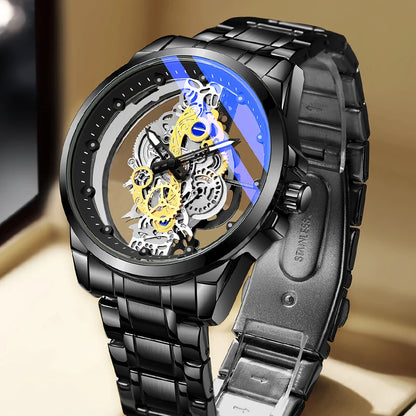 TPW men’s wristwatch – Trendy style, ‘skeleton’ model (black, gold or blue), quartz movement (non-automatic), luxury accessory, collection – Wholesale