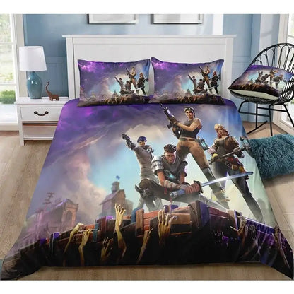 Спален комплект Fortnite с плик за завивка, 3 части, 3D принт, спално бельо за спалня, игра, аниме, анимационна калъфка за възглавница, декорация за стая, подаръци