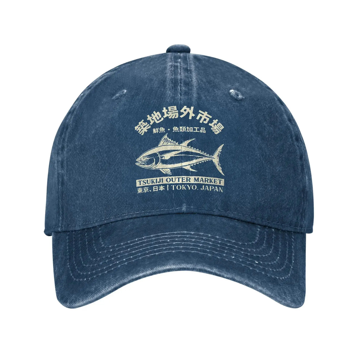 Japanilainen Tsukiji-kalamarkkinat -aiheinen, pesetty baseball-lippalakki, Tokyo, Japani, naisten ja miesten snapback-lippalakki