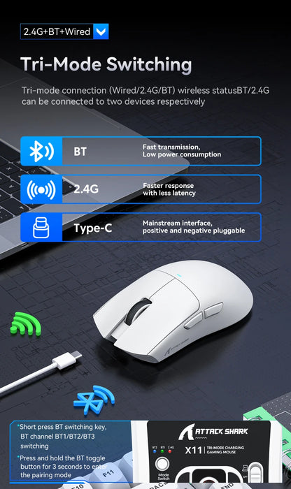 Attack Shark X11 Wireless Gaming Mouse with RGB Charging Dock, PAW3311 Sensor, 22000 DPI, Tri-Mode Bluetooth, 1000Hz Polling Rate Gaming Mouse