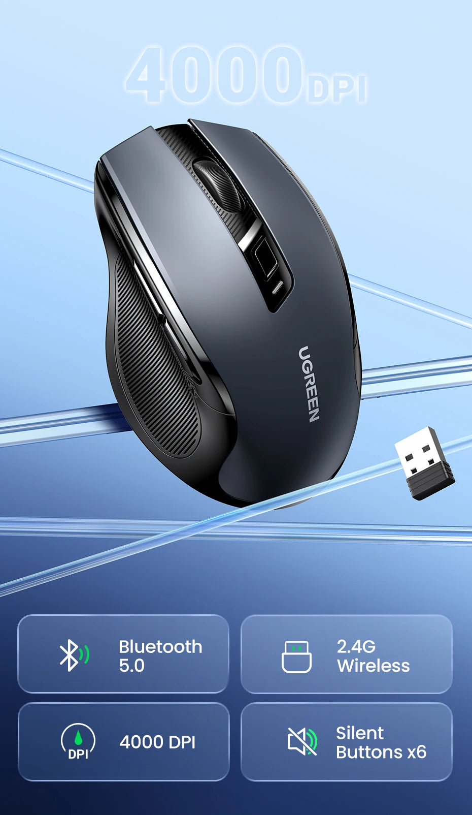 UGREEN Wireless Mouse Bluetooth 5.0 Mouse Ergonomic 4000DPI 6 Mute Buttons Mouse For MacBook Tablet Laptops Computer PC 2.4G Mice