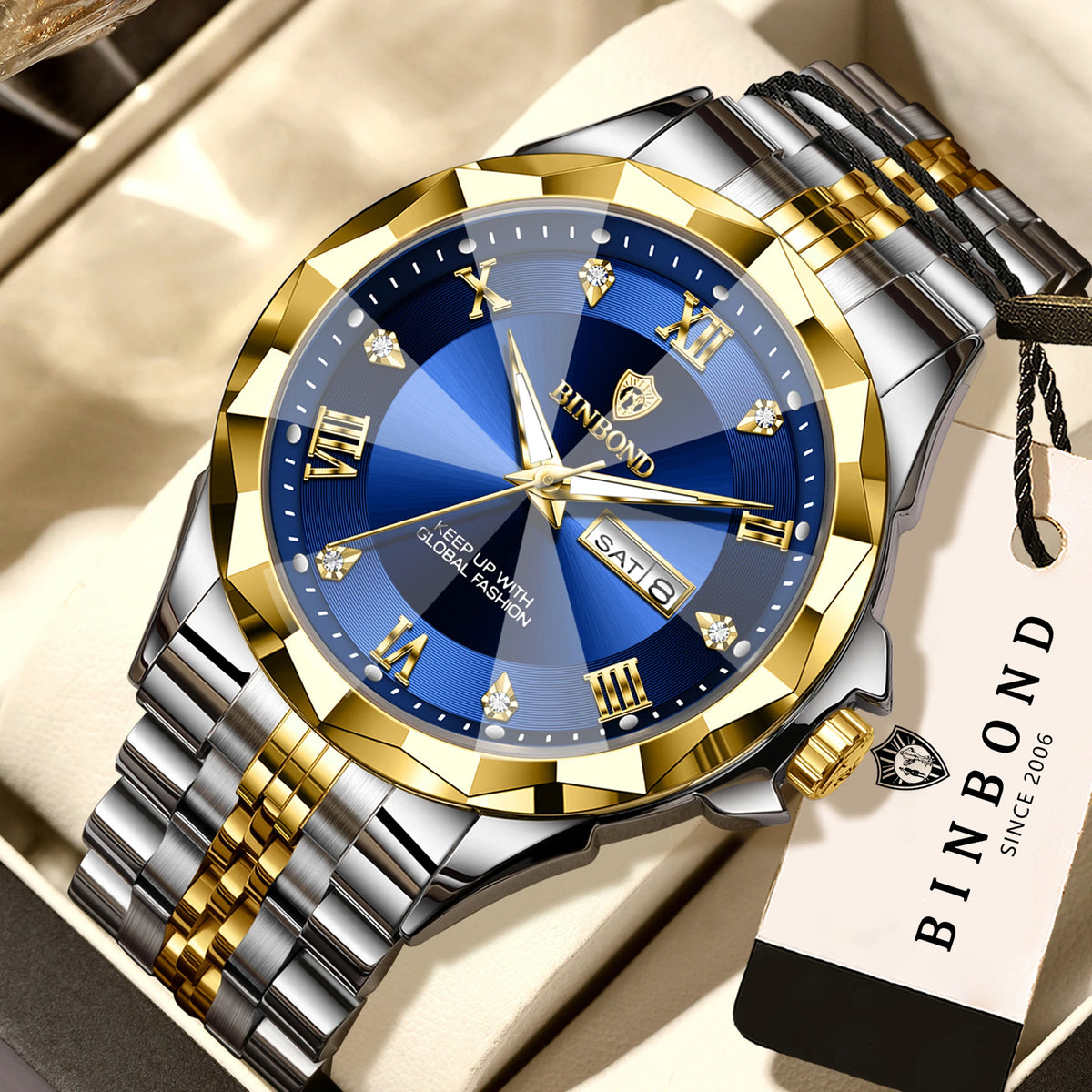 Relógio de quartzo para homem BINBOND – Relógio de pulso de luxo, luminoso e estanque, com indicação do dia da semana e data automática.