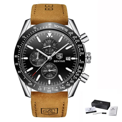BENYAR luxury men’s watches – Quartz wristwatches with leather straps, water-resistant to 30 m, sporty style.