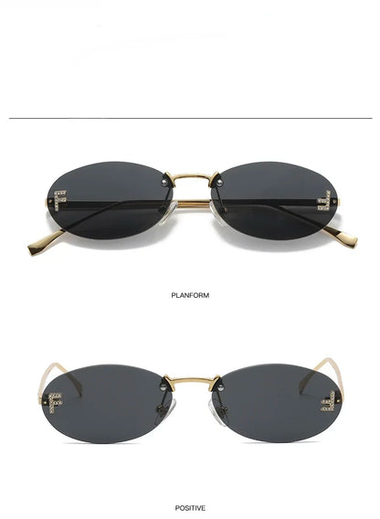3set Women Fashion Brand Rimless Sunglasses Retro Small Oval Alloy Elegant Gradient Sun Glasses Outdoor Travel Shades Glasses