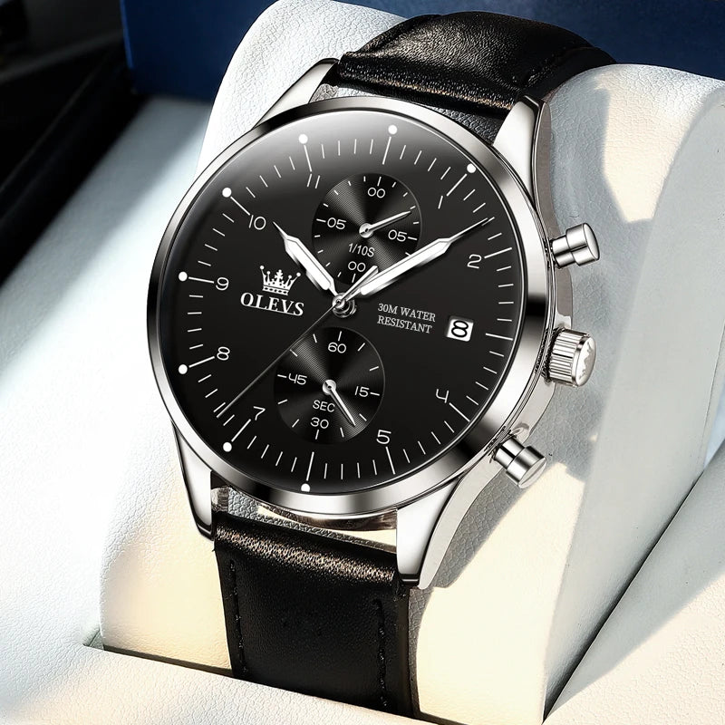OLEVS 2880 Men’s Watch – Elegant and sleek chronograph, leather strap, automatic date display, water-resistant, luminescent hands, quartz movement.