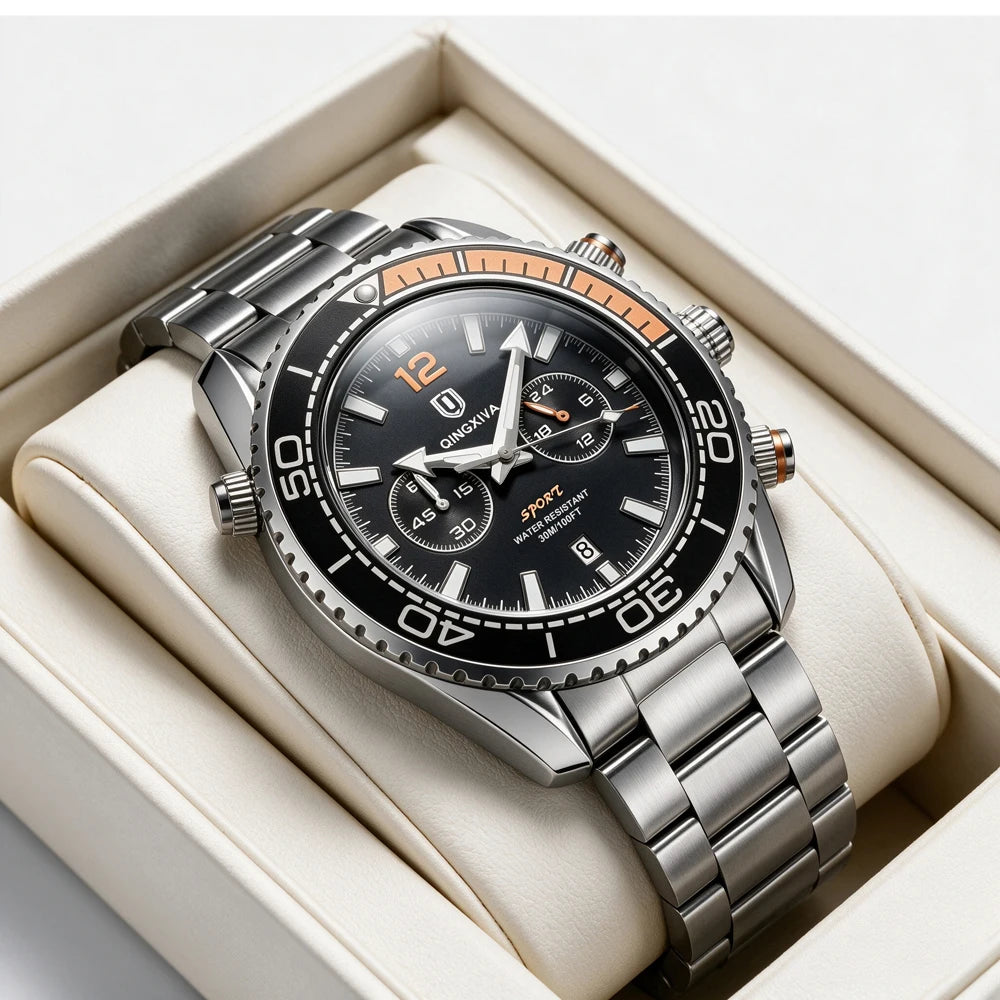 Luxury men’s wristwatch by QINGXIYA, water-resistant sports chronograph with luminous date display, casual men’s quartz watch