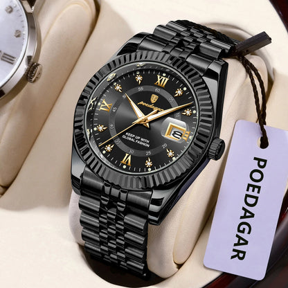 Reloj para hombre POEDAGAR: modelo de lujo, resistente al agua, de acero inoxidable, con pantalla luminiscente, estilo militar, función de fecha, mecanismo de cuarzo, ideal para el trabajo o para ocasiones profesionales.