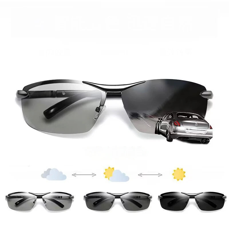 KLASSNUM Men Fashion Cycling Rimless Sunglasses Photochromic Polarized Shades Color Changing Fishing Car Driving Yellow Glasses