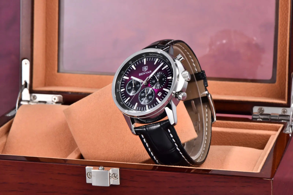 Benyar luxury men’s watch – Chronograph with date, leather strap, water-resistant, luminescent, sporty and military style, quartz watch