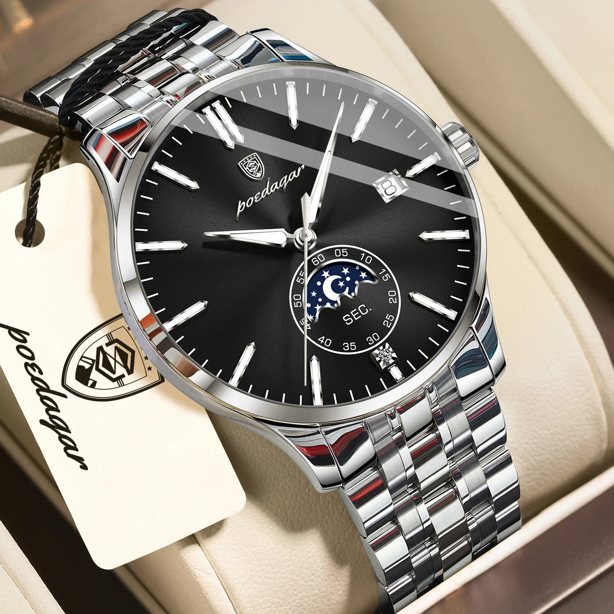 POEDAGAR luxury men’s watch, casual style, stainless steel, quartz, water-resistant, luminous, with date, elegant.