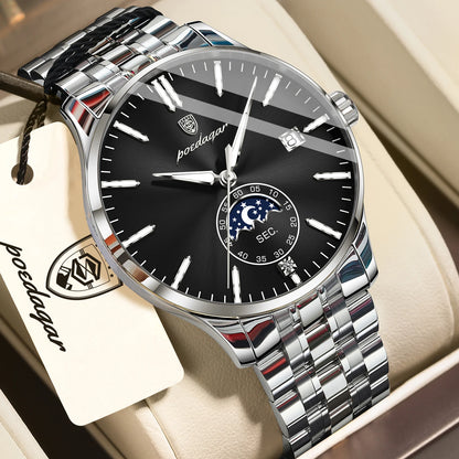 POEDAGAR luxury men’s watch, casual style, stainless steel, quartz, water-resistant, luminous, with date, elegant.