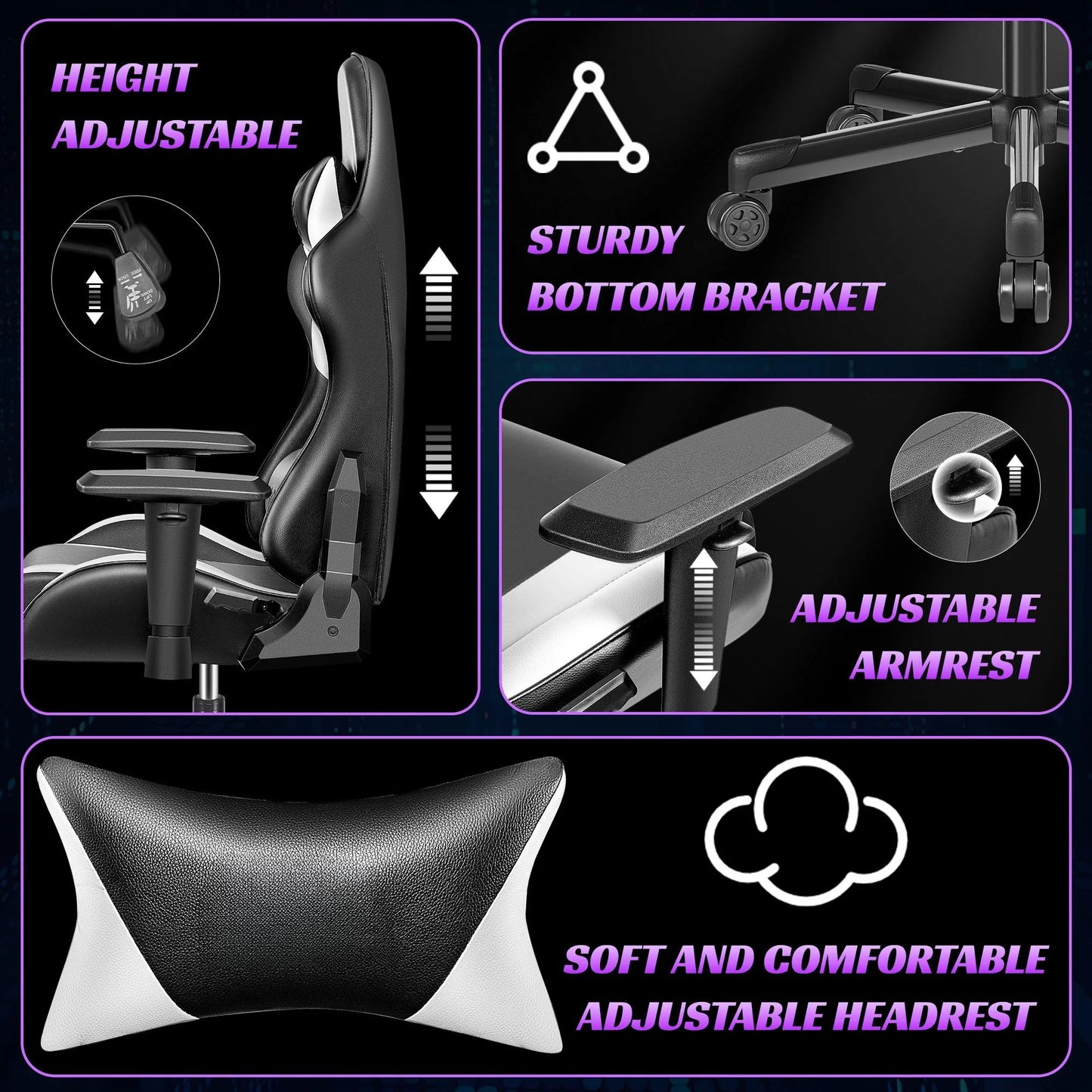 Gaming Chair, Ergonomic Game Chair, Multi-Level Adjustable, Swivel Home Office Chair, Black & White