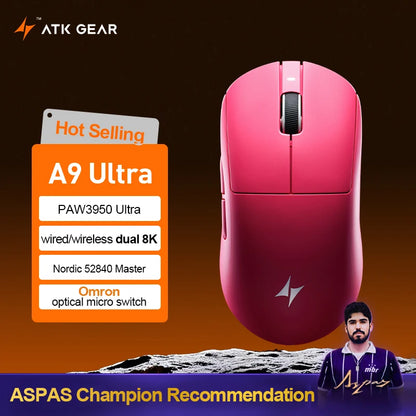 ATK Dragonfly A9 Ultimate brezžična gaming miška A9 Air PAW3950, ultralahka ergonomska e-športna miška za igričarje FPS CSGO A9 Ultra