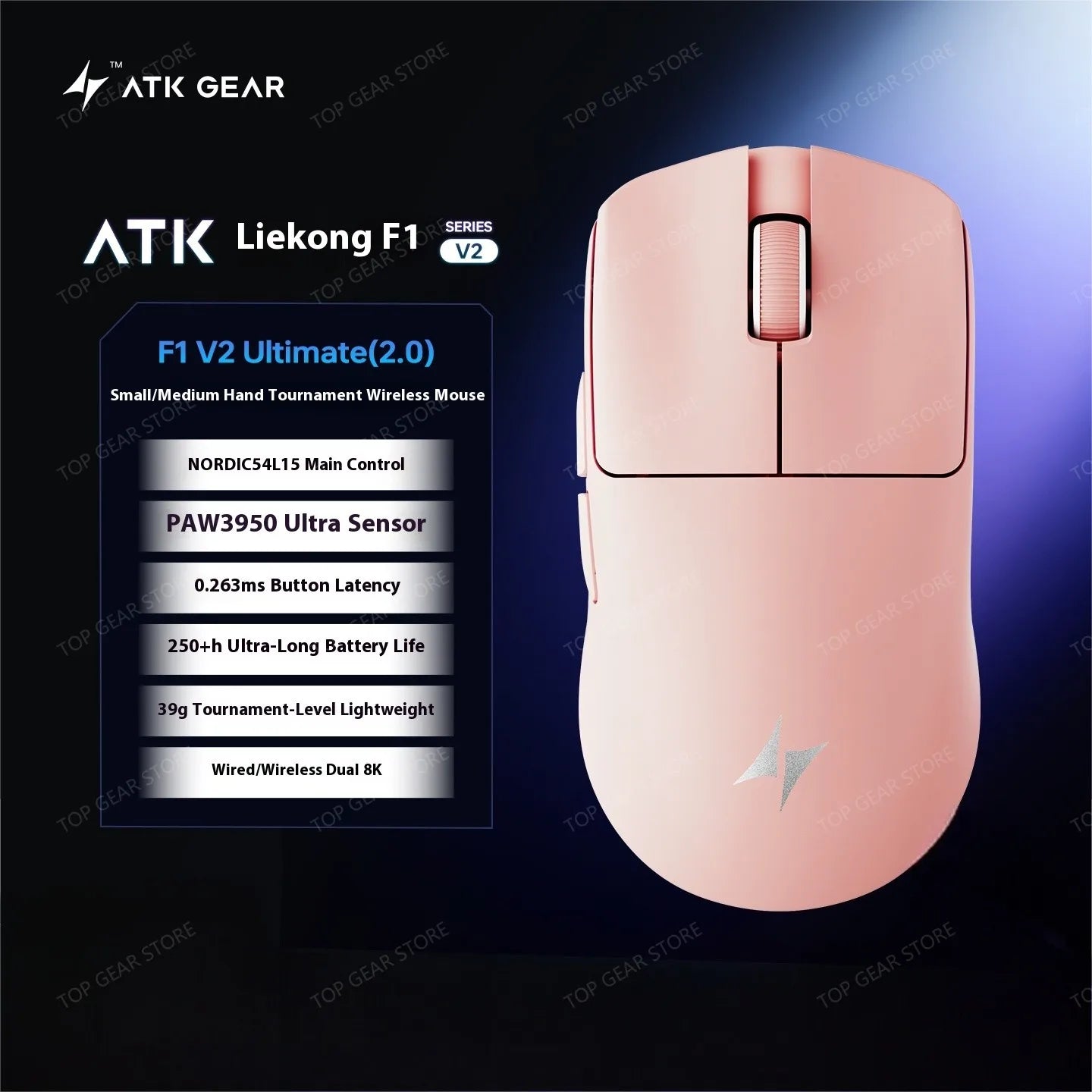 Bezdrátová herní myš ATK F1 V2 Ultra MAX Tri-mode PAW3950 Double 8k, lehká ergonomická e-sportovní myš, vlastní PC příslušenství