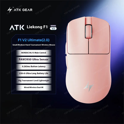Bezdrátová herní myš ATK F1 V2 Ultra MAX Tri-mode PAW3950 Double 8k, lehká ergonomická e-sportovní myš, vlastní PC příslušenství