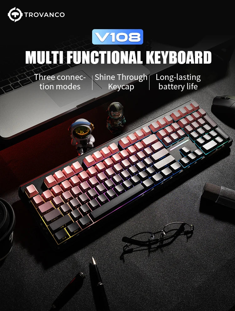V108 Pro Bluetooth-Tastatur Büro, geräuscharm, 2.4G kabelgebunden & kabellos, vollständiges Layout mit RGB-beleuchteter Membran