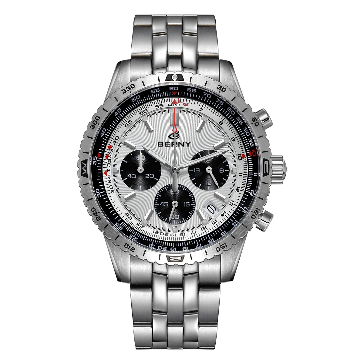 BERNY men’s chronograph watch – Multifunction aviation-style quartz watch, featuring a date display, sapphire crystal and excellent luminescence – Luxury men’s wristwatch