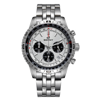 BERNY men’s chronograph watch – Multifunction aviation-style quartz watch, featuring a date display, sapphire crystal and excellent luminescence – Luxury men’s wristwatch