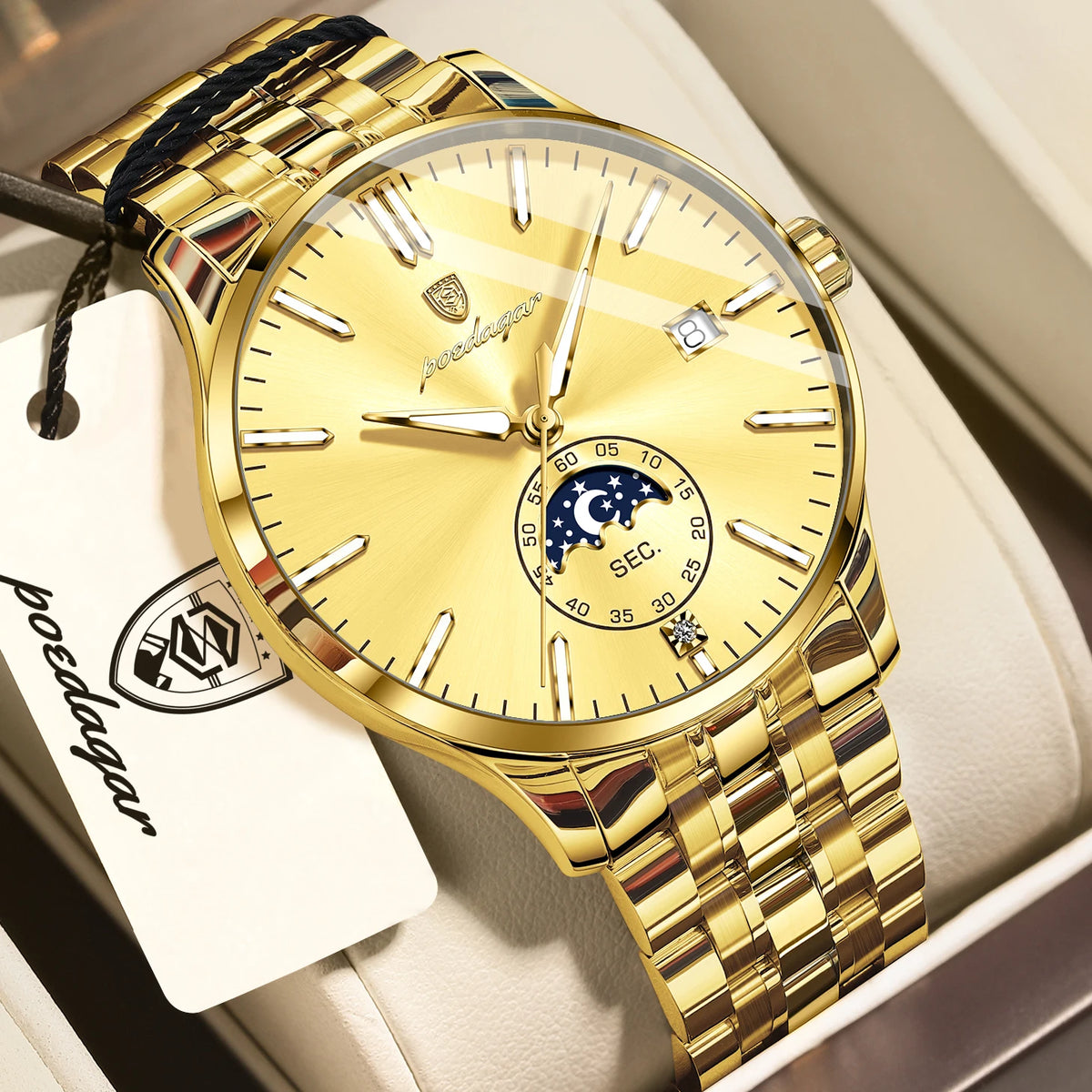POEDAGAR luxury men’s watch, casual style, stainless steel, quartz, water-resistant, luminous, with date, elegant.
