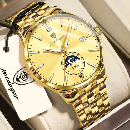POEDAGAR luxury men’s watch, casual style, stainless steel, quartz, water-resistant, luminous, with date, elegant.